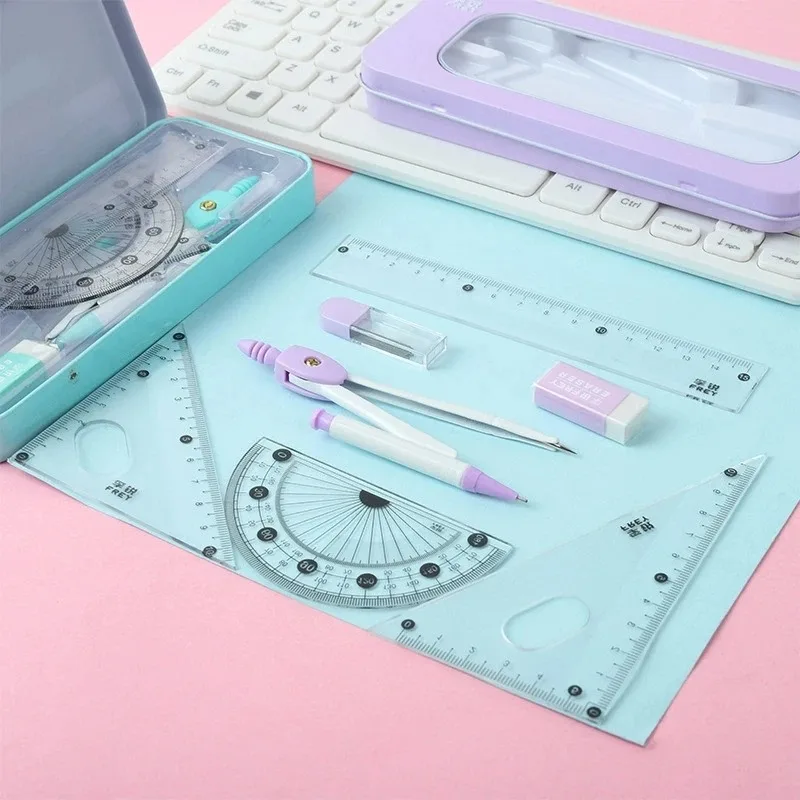 내구성 있는 7-in-1 측정 및 그리기 도구 세트, 컴퍼스, 각도기, 자, 지우개 포함