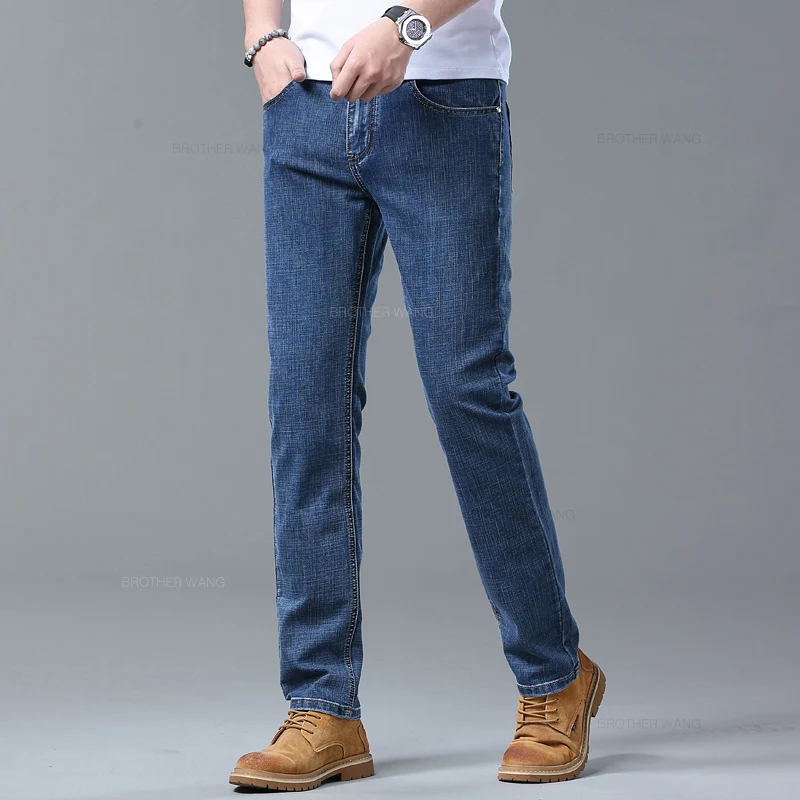 Spring Men's Light Blue Slim Jeans Stylish Casual Stretch Fabric Denim Pants Classic Trousers Smoke Gray 5