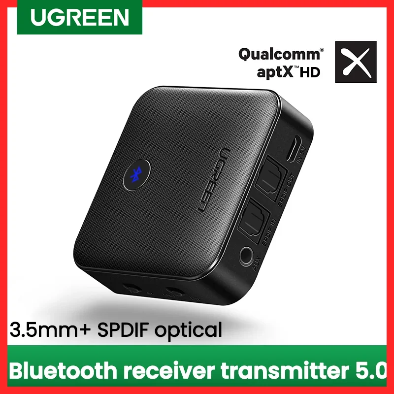 

UGREEN Bluetooth 5.0 Transmitter Receiver APTX HD 2 in 1 Wireless Audio Adapter Digital Optical TOSLINK 3.5mm AUX Jack for TV PC