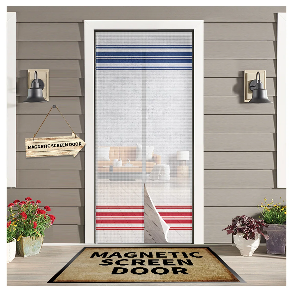

Country Farm Blue Red Stripes Summer Magnetic Mosquito Screen Door Curtain Kitchen Anti-Mosquito Window Screen