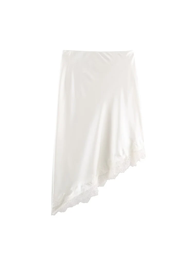 Summer New Women Satin Midi Skirts Simple Fashion Asymmetrical Lace Spliced Skirts Chic Elastic Waist Casual Irregular Skirt