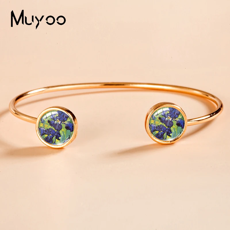 2023 New Arrival Fashion Van Gogh Starry Night Paintings Glass Dome Bangle Cuff Jewelry Handmade Golden Color Bangles 3