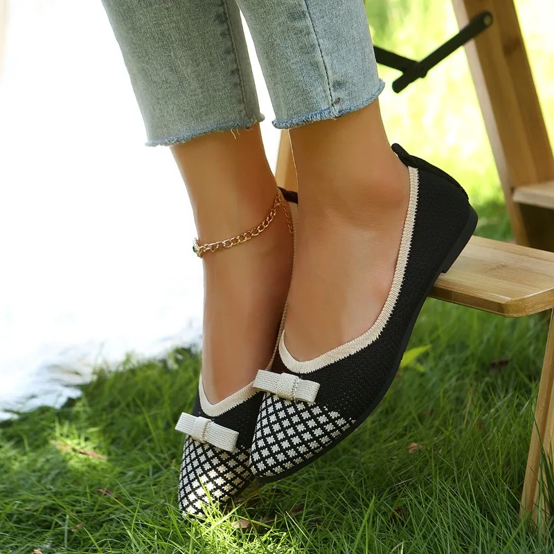 New Woman's Shoes Knitted Skateboard Breathable Comfortable Bow Style Walking Shoes Casual Toes on Flat 2