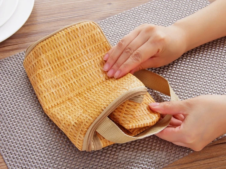 Outdoor Portable Wicker Rattan Picnic Bag, Waterproof Tableware, Insulated Thermal Cooler, Food Container, Basket for Camping