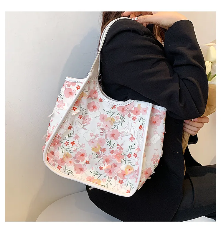 Cute Flower Print Shoulder Tote Bag Women Canvas Shopper Bag Summer