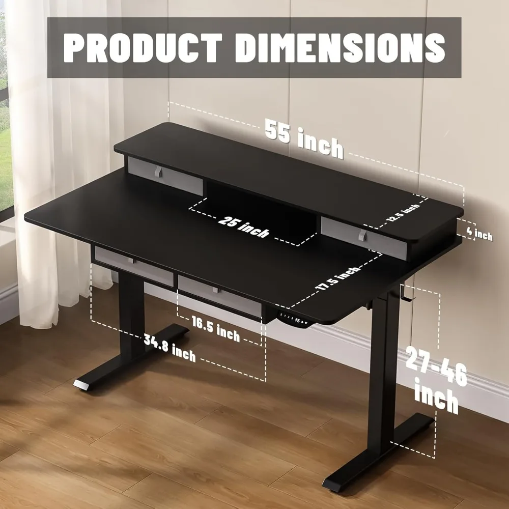 55 * 30 Inches Electric Standing Widened Desk Adjustable Height with 4 Drawers, Double Storage Shelves Stand Up Desk, Home Offic 3