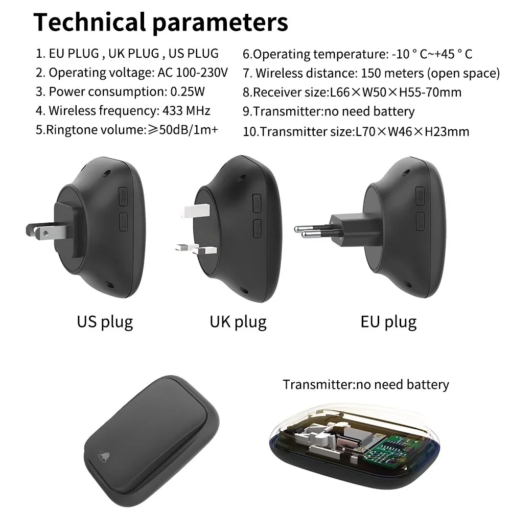 Wireless Doorbell Battery Free EU US UK Plug Waterproof Home Wireless Buzzer Welcome