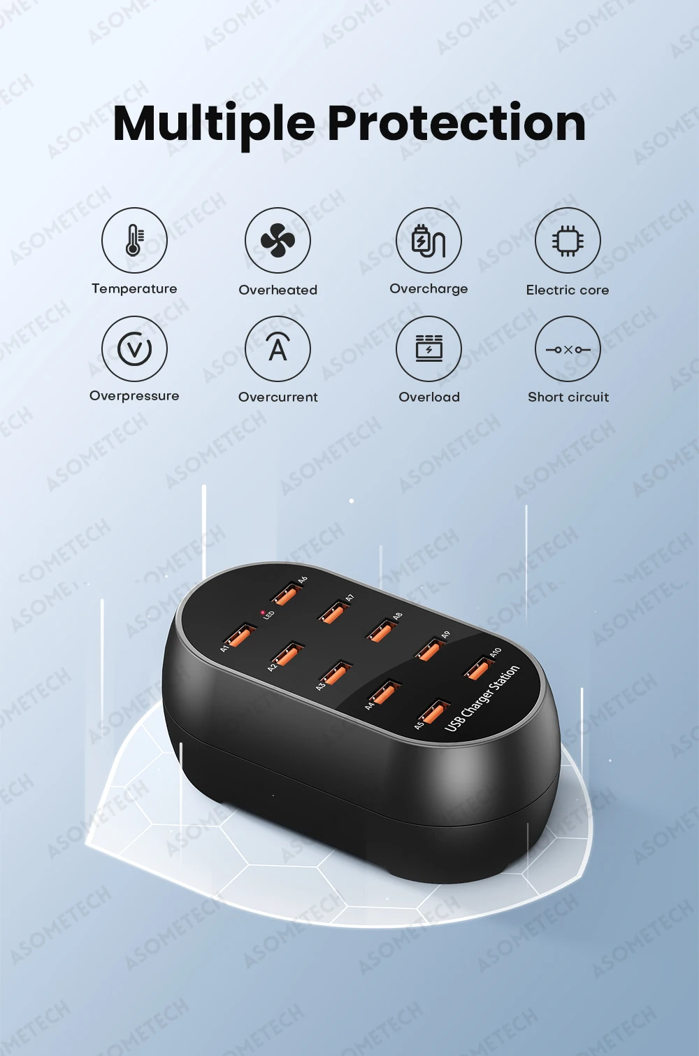 Asome tech 10 port usb ladegerät 100v-240v eu us kr uk stecker desktop usb ladestation für mehrere geräte iphone samsung xiaomi – Detail 3