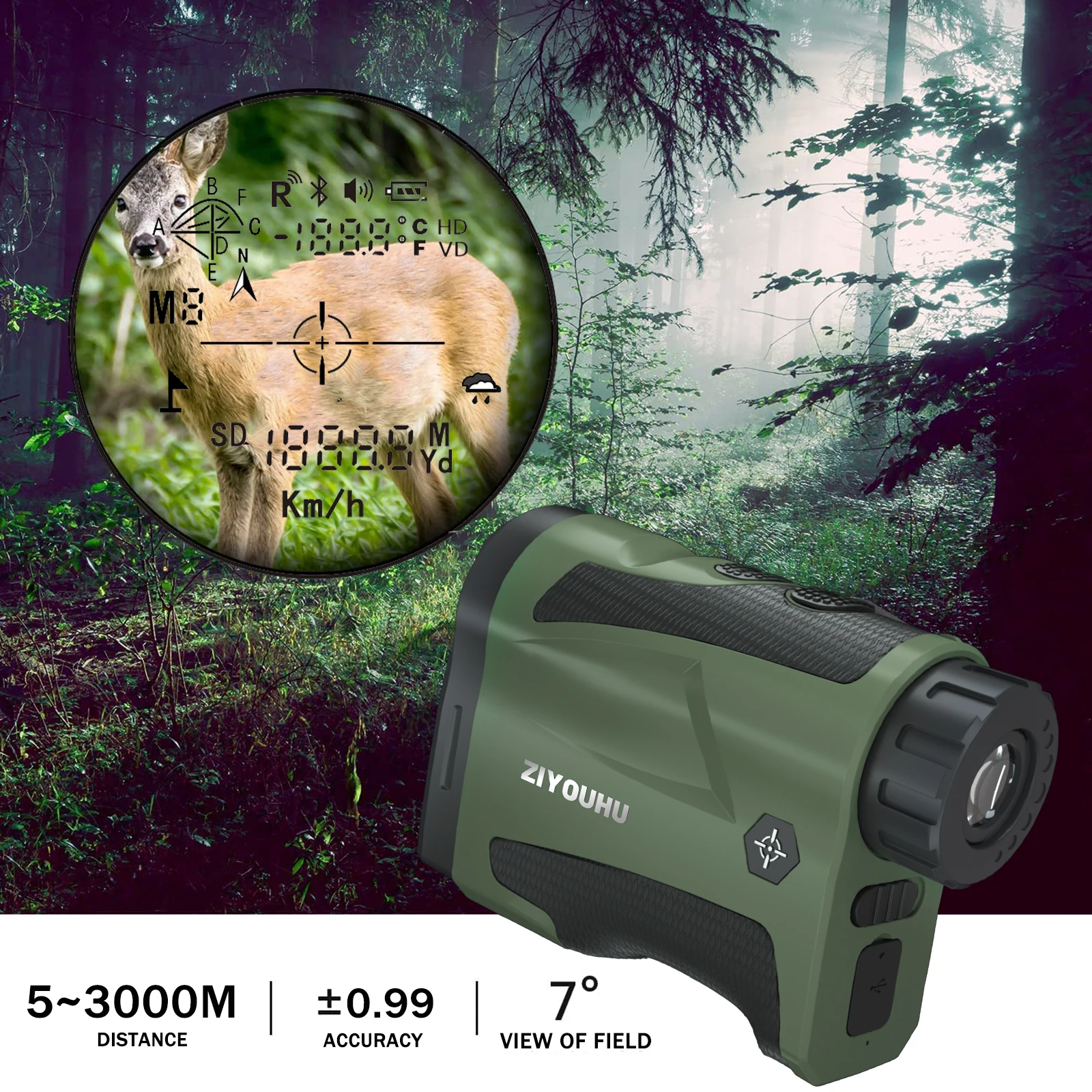 ZIYOUHU-Handheld Laser Range Finder LF3000 Laser 3000m Long Range Height Angle Multi-Mode Measurement Hunting, Golf Finder
