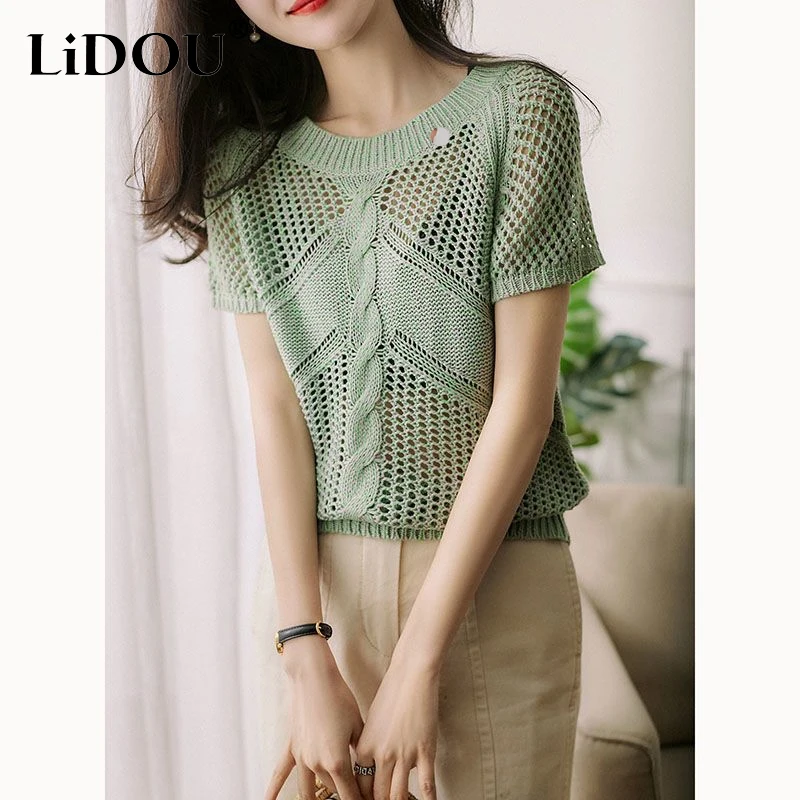 

Summer Green Round Neck Short Sleeve Ice Silk Fabric T-Shirts Women Screw Thread Hollow Out Breathable Pullovers Fashion Tops