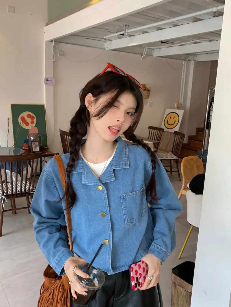 

2022 New Early Autumn Polo Jacket Top Women's Small Short Loose Long Sleeve Denim Coat Free Shipping