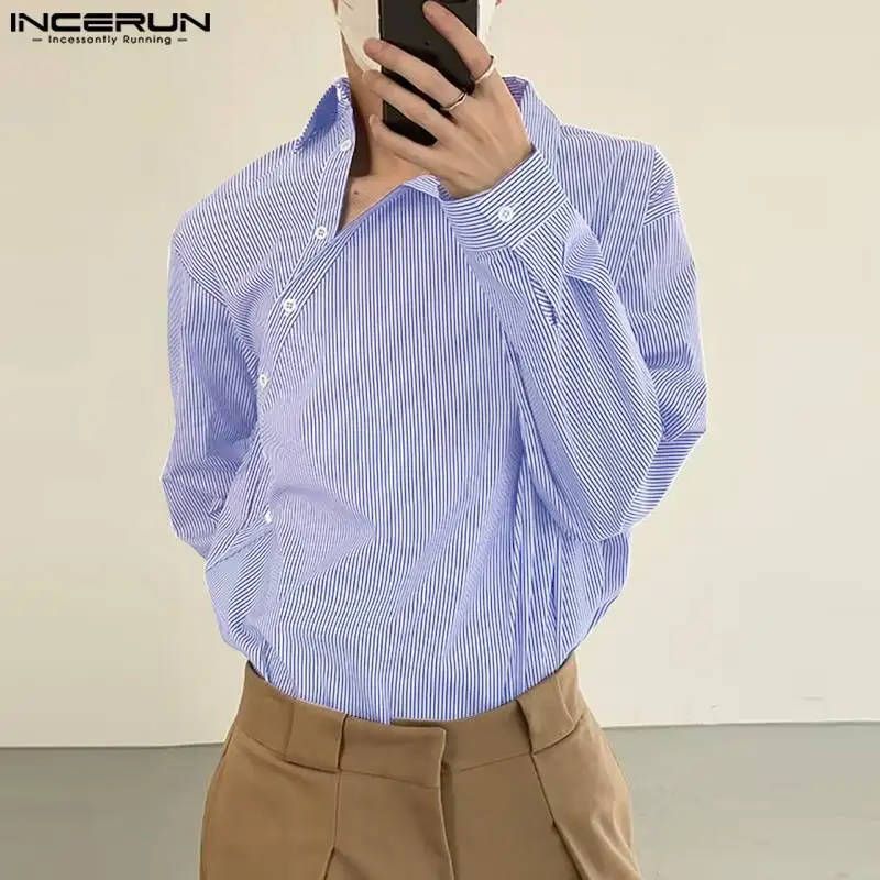 

INCERUN Tops 2023 Korean Style Men Diagonal Button Design Shirts Leisure Streetwear Male Striped Long Sleeved Lapel Blouse S-5XL