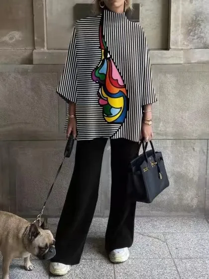 

Повседневный комплект из двух предметов, женская элегантная рубашка в полоску с круглым вырезом и принтом, свободные брюки с высокой талией, костюм, женские наряды