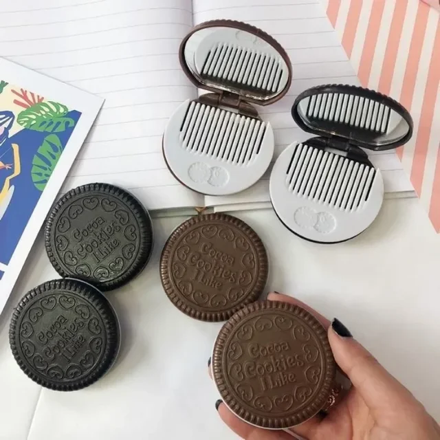 Miroir de maquillage rond pliant Biscuit au chocolat Ins Kawai miroirs de poche extérieurs femmes petit miroir de cacao avec peignes café noir 2