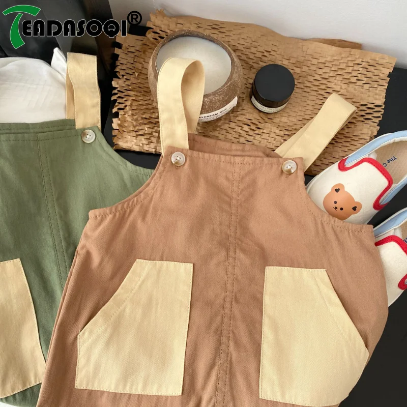 Newborn Infant 0-3Y Toddler Kids Baby Boys Girls Suspender Trousers Patchwork Color Blocking Cotton Pockets Overalls Rompers