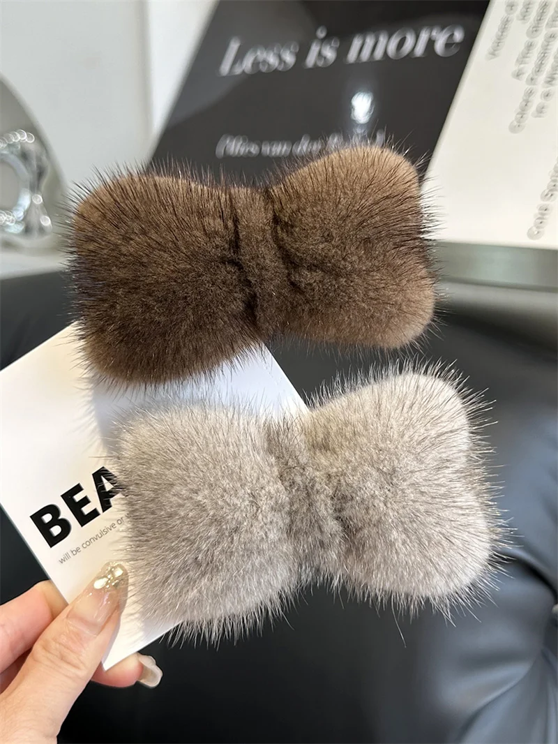 Hair Clips hair accessories Luxury Real Mink Fur Hair Larg Bowknot Hairpin Side Clip Net Red Cute Olush Fur Headdress Shiny Hair Scratch Accessories Gifts