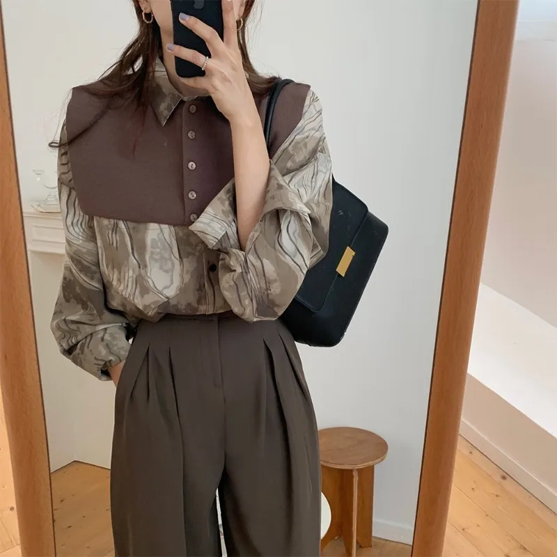  New Spring and Autumn Women Fashion Retro Inkjet Art Two-piece Shirt + High Waist Slim Pants Suit Button Office Lady