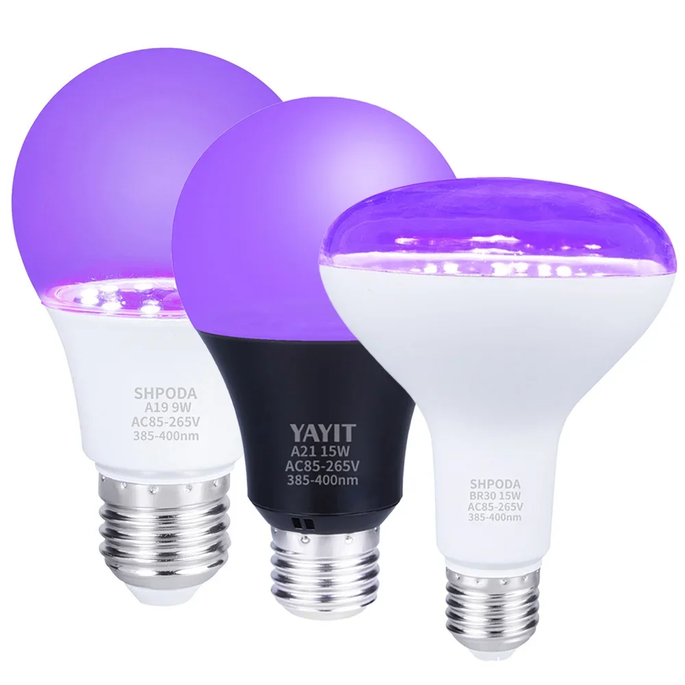8W 9W 9.5W 15W 56W Ultraviolet UV Lamp Bulb Black Light Fluorescent Detection Lamp E26 110V 220V For DJ Party Home Decoration uv flashlight black light bulbs