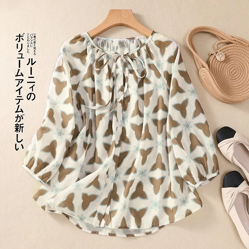 

Женская Свободная блузка в художественном стиле, Повседневная однобортная блузка с круглым вырезом и длинным рукавом, модель V674, весна-осень 2023