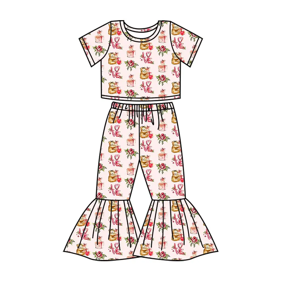 

Одежда для маленьких девочек, комплекты на День святого Валентина, Одежда для новорожденных девочек, брюки с короткими рукавами и колокольчиками, комплект из двух предметов, комплекты одежды для девочек с надписью love