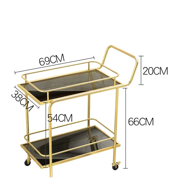 Hotel Gold Iron Portable Utility Movable 2 Tier Trolley Rolling Cart Bar Cart Rack Storage
