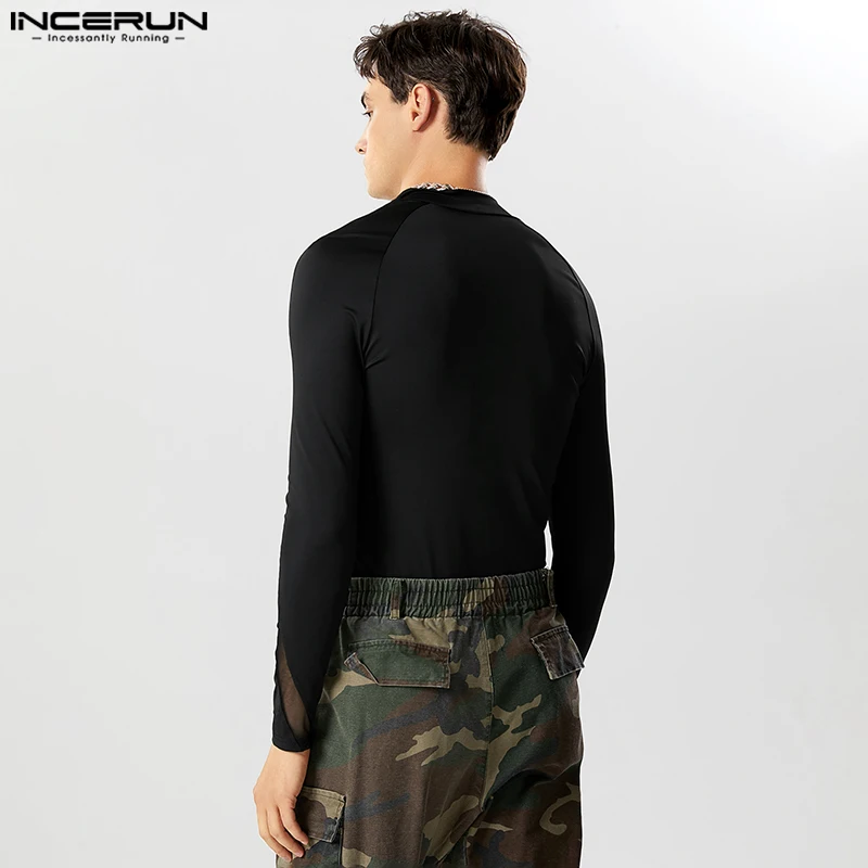 Men Bodysuits Mesh Patchwork V Neck Streetwear Long Sleeve Male Rompers Zipper Transparent Fashion T Shirt