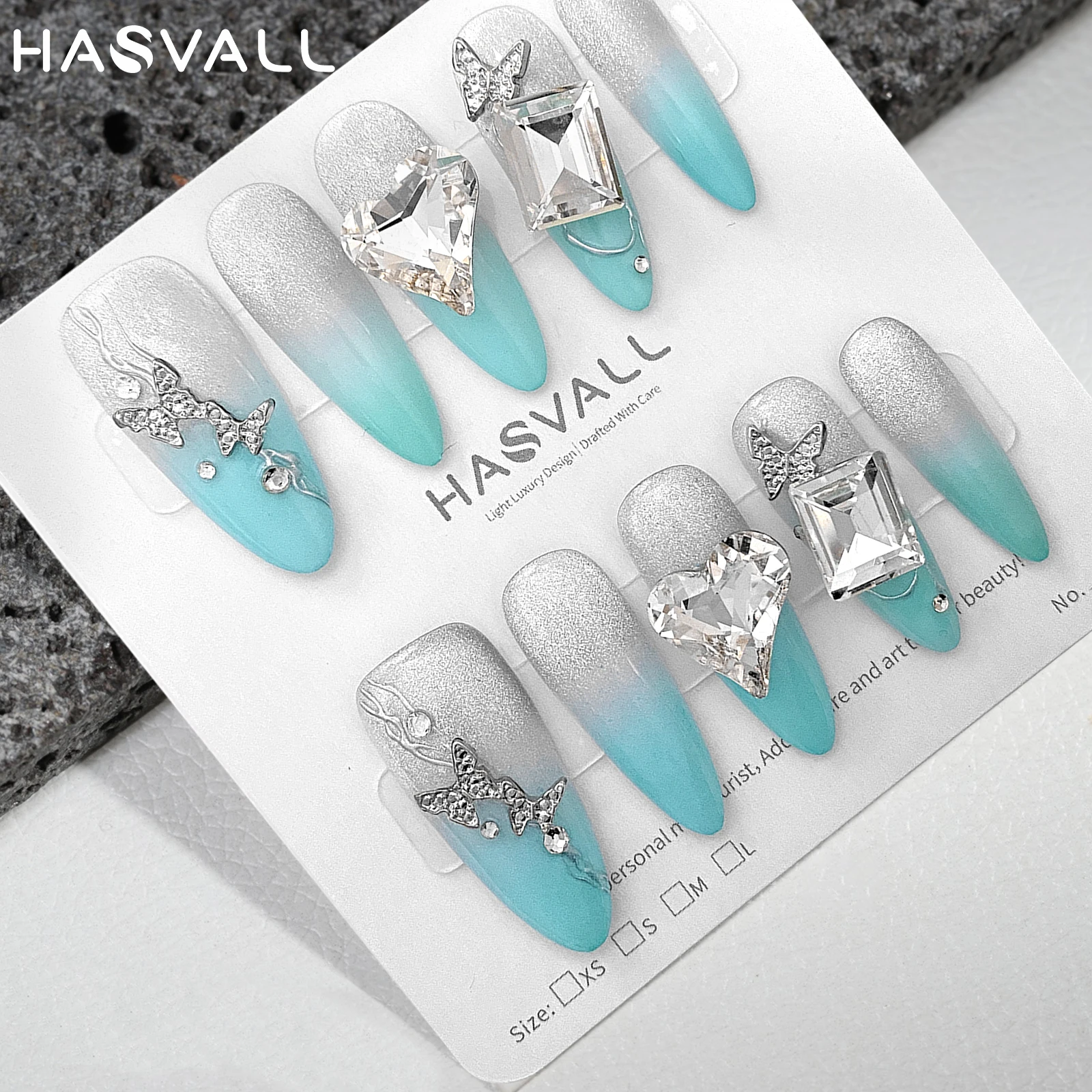 

HASVALL Handmade Rhinestone Glitter Design Nail Art Medium Stiletto Press on Nails with 3D Heart Butterfly Reusable Fake Nails