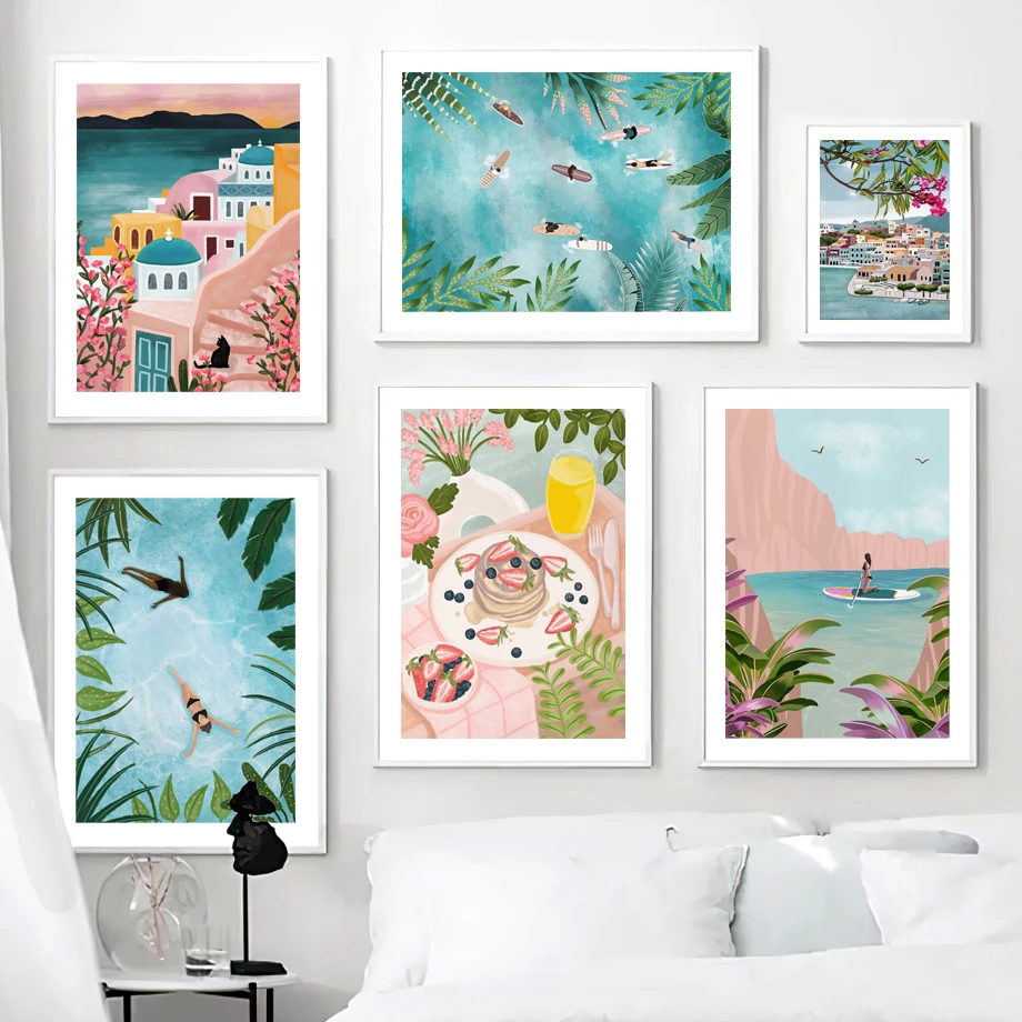 Pastel surfistas océano nadar Amalfi playa abstracto cuadro sobre lienzo  para pared e impresiones cuadros de pared para decoración de dormitorio| |  - AliExpress
