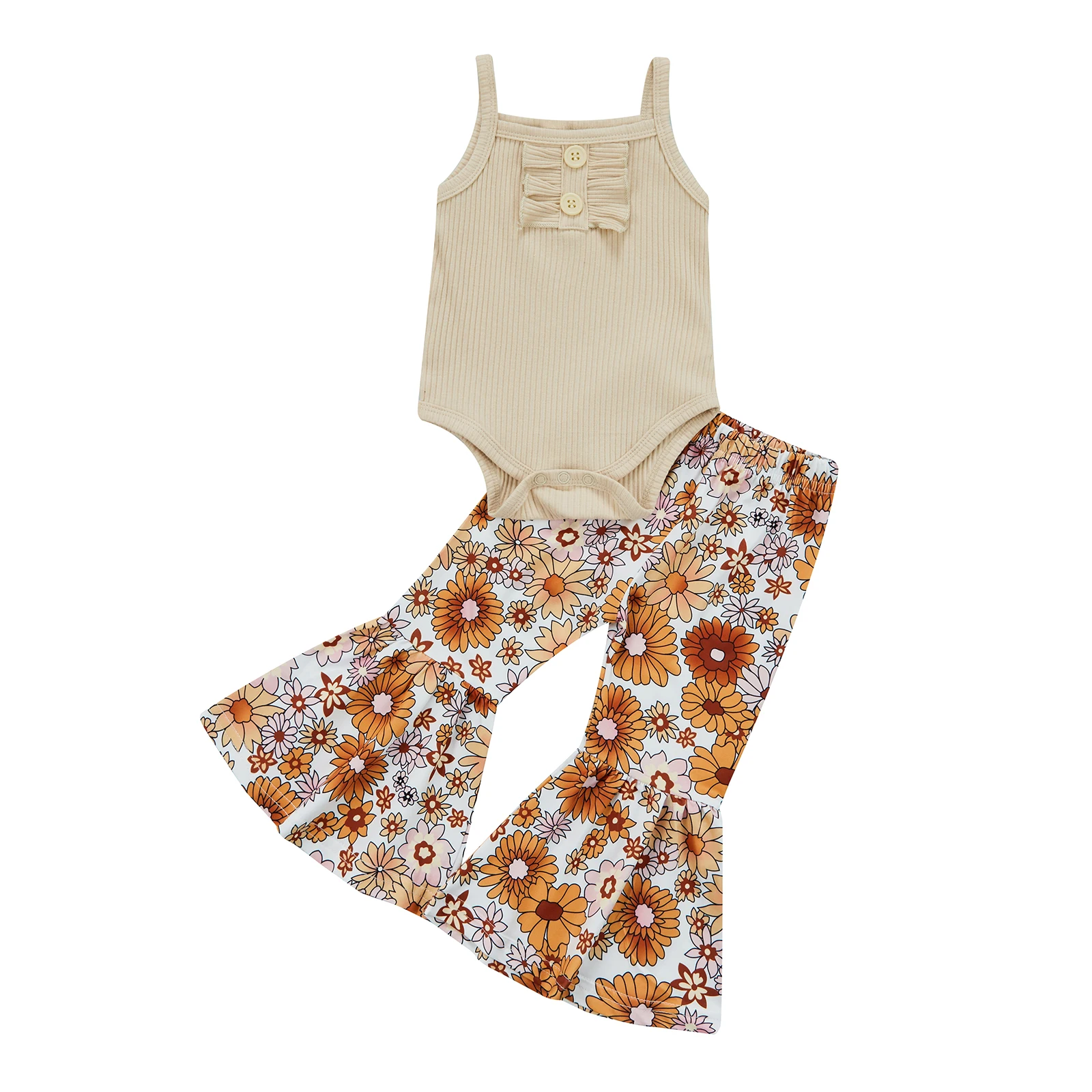 

2022-01-08 Lioraitiin Baby Girl Pants Set Square Neck Solid Ribbed Buttoned Crotch Romper Floral Elastic Waist Flared Long Pant