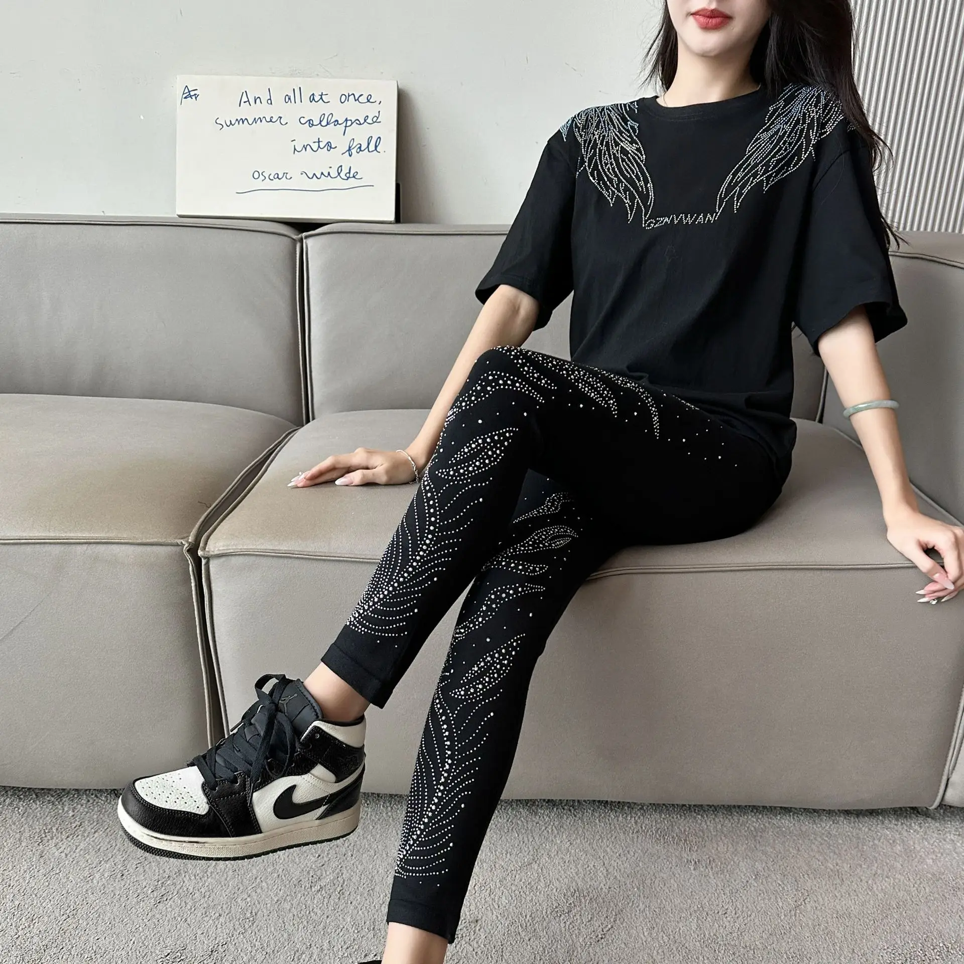 All Season Women Black Silver Sequin Leggings Plus Size High Waist Black Skinny Trousers Pants