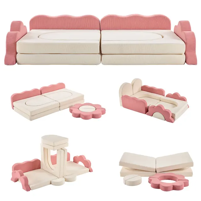 12-Piece Modular Kids Sofa All-Sponge Design Free Combination Pink-color & White Colorblock Corduroy Fabric