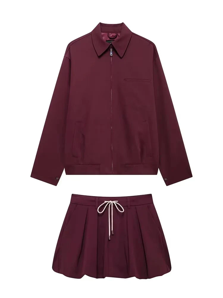 Casual Women 2 Pieces Sets Waist Lace Up Lantern Edition Mini Skirt Sets Solid Pocket Decorative Jacket Top Women's Set