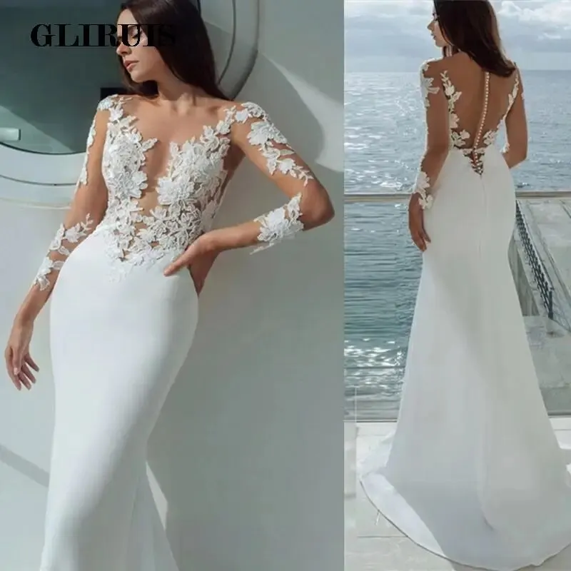 

Long Sleeves Mermaid Wedding Dresses White Sexy Illusion Neck Lace Appliques Elegant Bridal Dress Gowns Beach Vestidos De Noiva