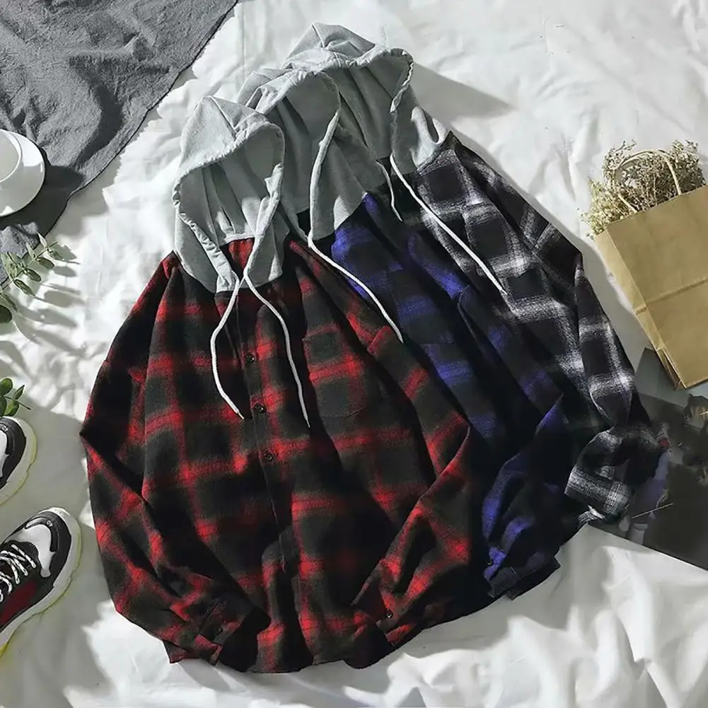

Stylish Coldproof Long Sleeves Couple Student Plaid Print Hooded Shirt Coat Streetwear Cardigan Shirt Men Shirt Coat
