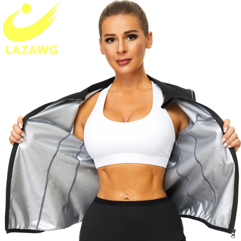 LODAY Womens Neoprene Sauna Body Shaper Suit Hot Sweat Tummy Fat Burner Workout Jacket Top Full Zip Up