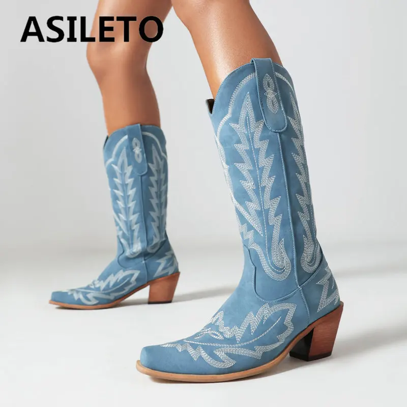 

ASILETO Brand Female Western Boots Square Toe Chunky Heels 6cm Slip On Embroider Plus Size 46 47 48 Casaul Lady Mid Calf Booty