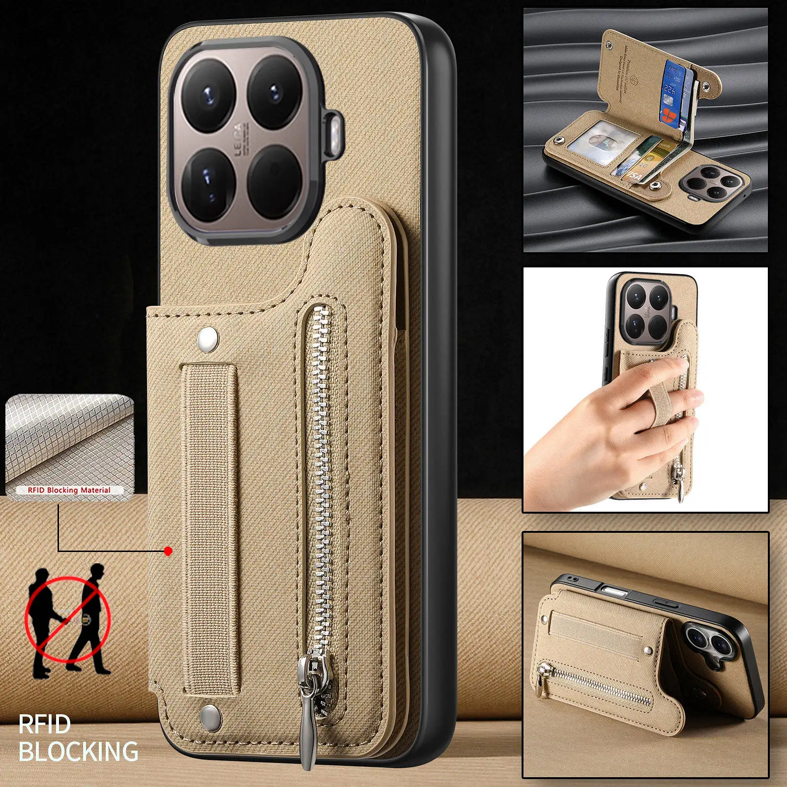 Zipper Card Holder Wallet Leather Case with Magnetic Double Buckle and Wrist Strap