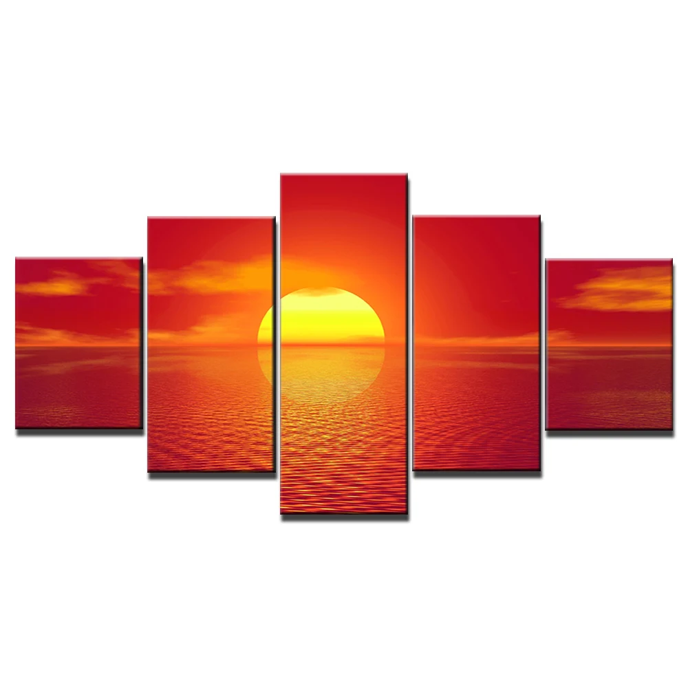 Hd Printed 5 Piece Canvas Art Red Sunset Sea Ocean Painting Modular