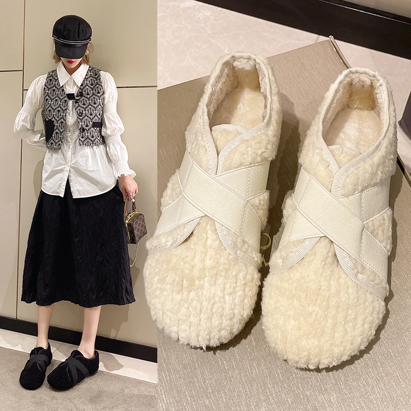 

Туфли женские без шнуровки, повседневные кроссовки с круглым носком, лоферы с закрытым носком, меховые, без застежки, на плоской подошве, зимнее платье, 2023