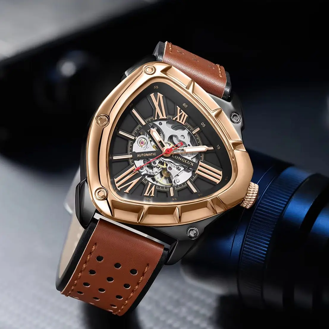Men Automatic Watch Explore Outdoors Style Mechanical Watches Retro Triangle Skeleton Leather Waterproof Luminous Mens Watch - 4