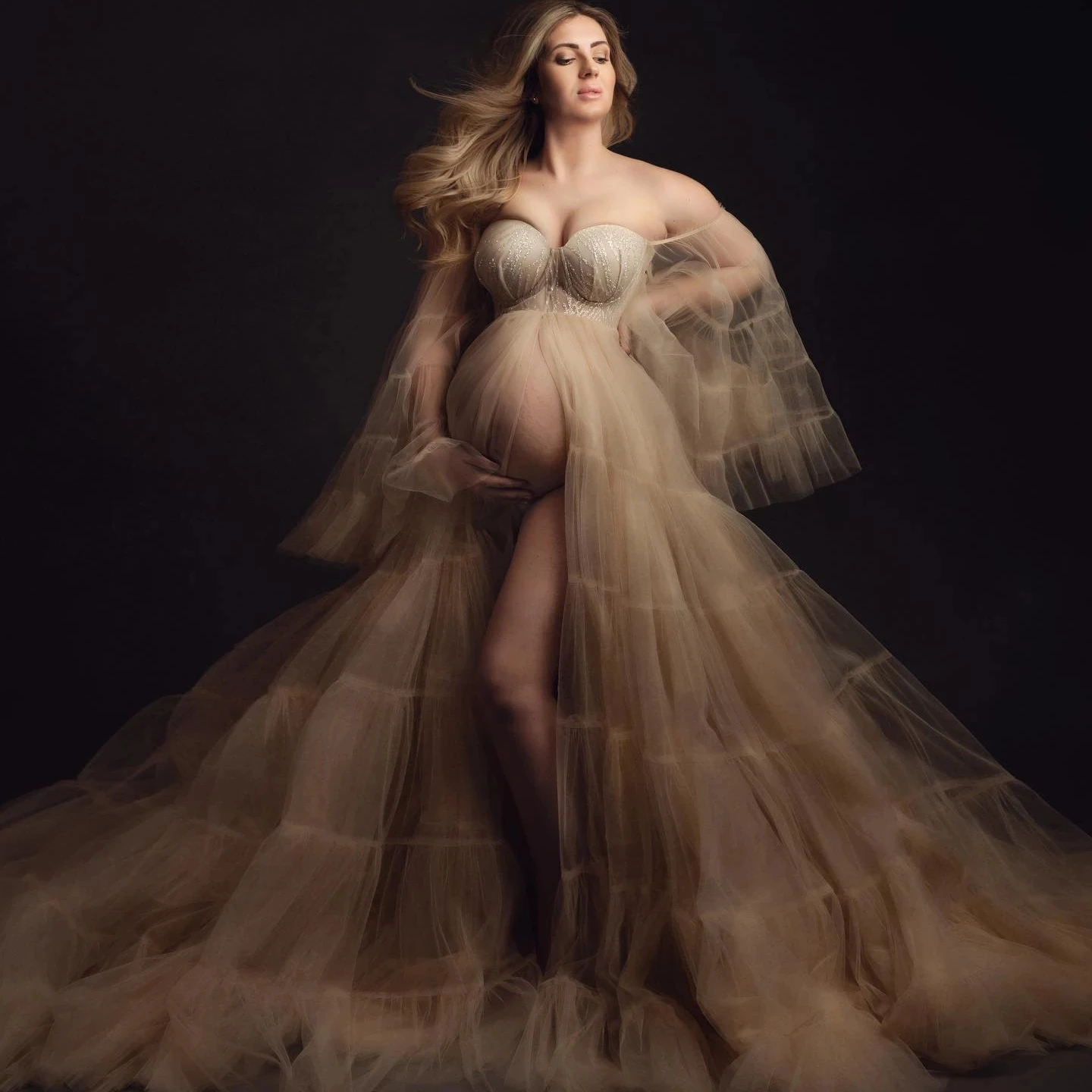 

Elegant Champagne Tulle Maternity Dresses for Photo Shoot Off Shoulder See Thru Flare Sleeves Maternity Gowns for Babyshower