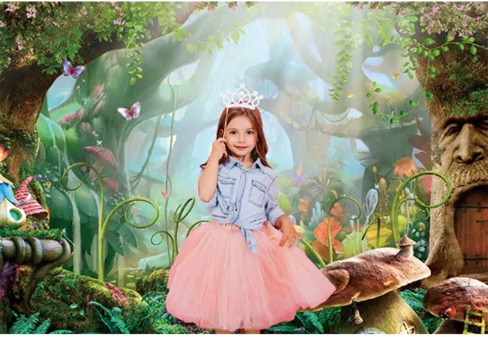 Fairy Tale Forest Backdrop Wonderland Dreamy Mushroom Flower Castle Baby Birthday Photography Background Decor Photo Studio Prop photo backdrop