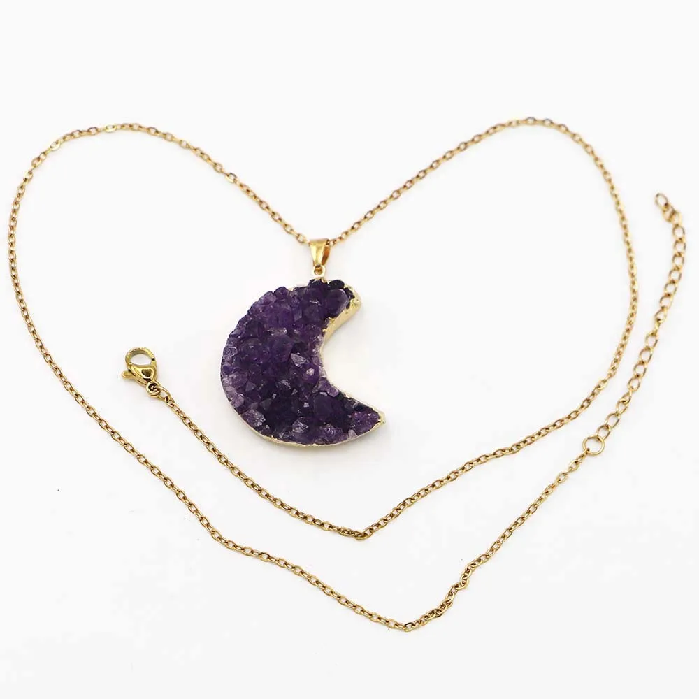 Natural Raw Ore Amethyst Cluster Moon Shaped Pendant Gold Plated Irregular Crystal Bud Mencius Necklace DIY Jewelry Wholesale 3P