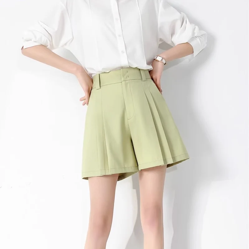 Woman Wide Leg Shorts, Casual Style Solid Chic Short Trousers, 2024 Spring Summer Office Lady Bottoms, Beige, Green DALINN