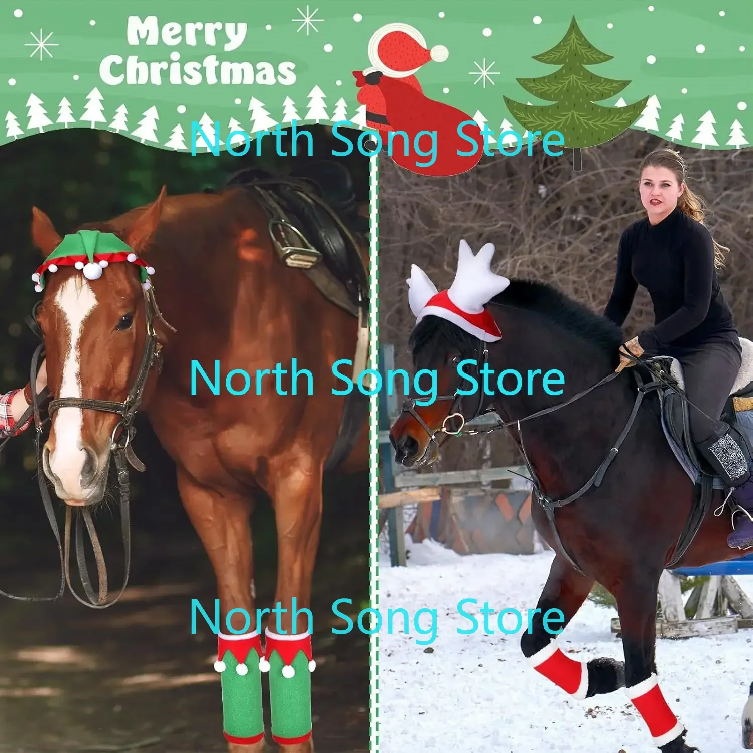 15Pcs Christmas Horse Accessory Includes Christmas Horse Leg Wraps  and Christmas Santa Hat Horse Cap for Holiday Christmas 5