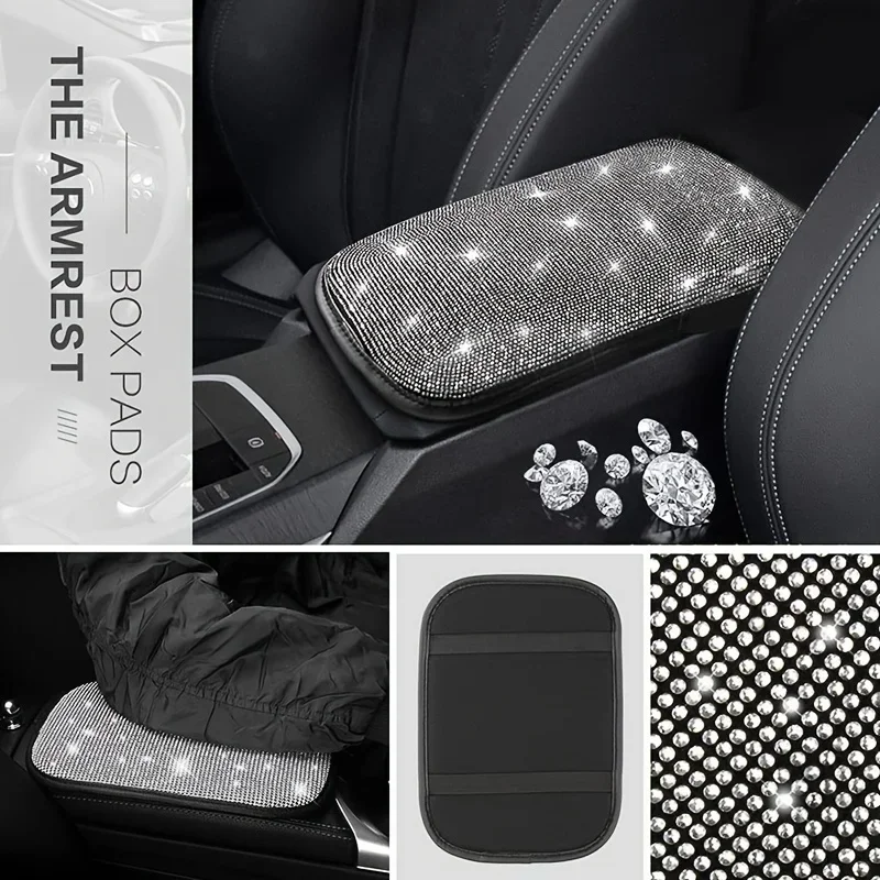 7pcs Bling Car Accessories For Women, Bling Steering Wheel Cover Bling Car Coasters Bling Car Armrest Box Mat Ring Emblem