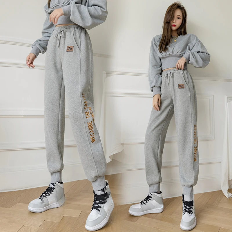 

Design Sense Lettern Embroidery Women Sport Pant Spring Autumn Plush Thicken Sweatpant Loose Running Gym Fitness Jogger Trouser