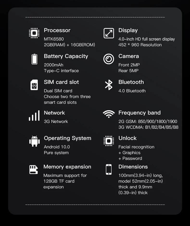 SOYES ONEMYTH M16 Pro 3G Mini Smartphone 4.0" HD Full Screen 2000mAh 2GB RAM 16GB ROM 5MP Camera Dual SIM With Face ID Whats APP 6
