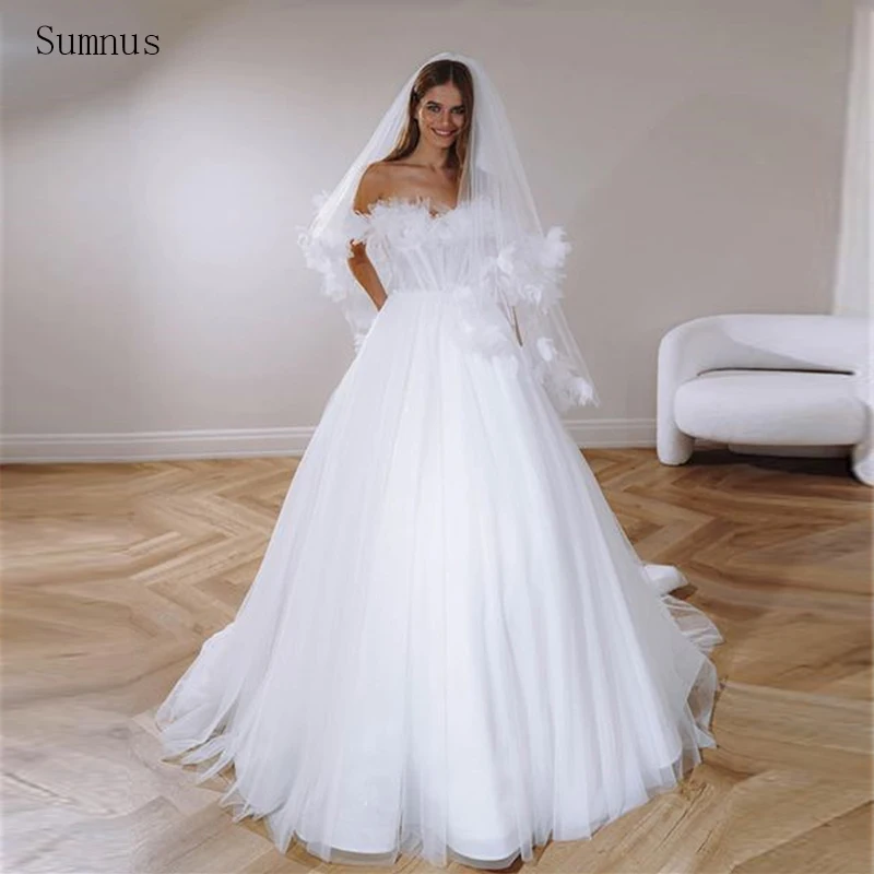 

Sumnus Elegant Wedding Dresses Off The Shoulder A-Line Tulle Flowers Bridal Gowns Bohemia Pageant Bride Robe De Mariée 2022