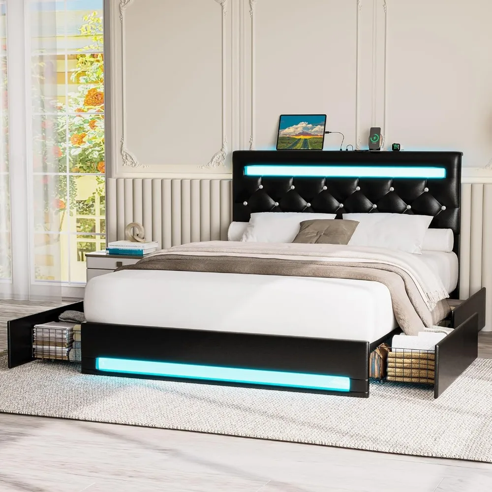 Bed Frame Full Size Bed Frame with LED Light, PU Leather Platform Bed Frame with 4 Drawers, Adjustable Crystal Button Tufted Headboard